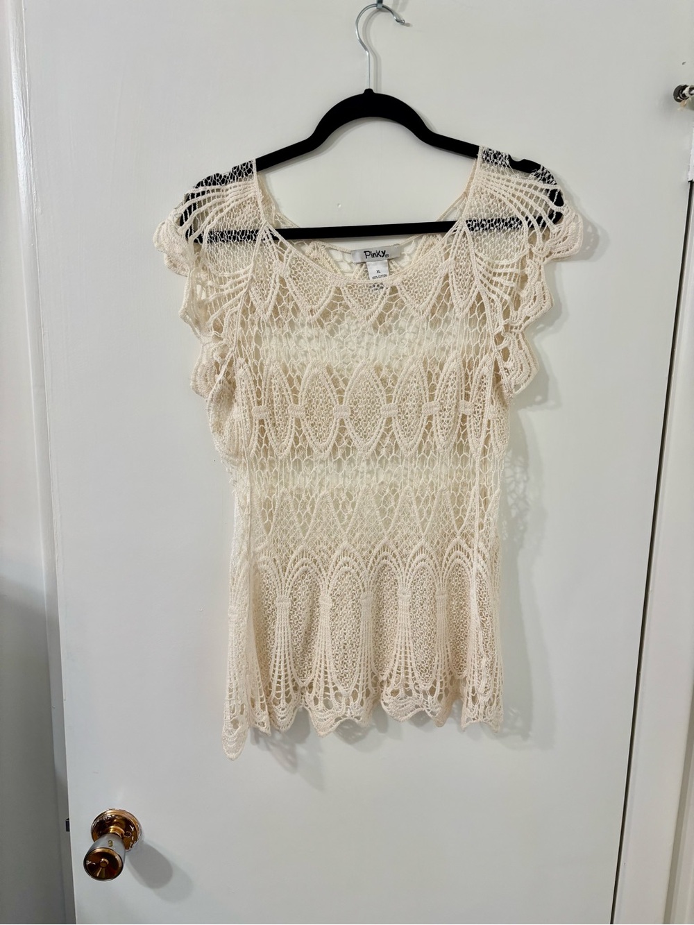 Pinky - Solomon's Knot Crochet Fishnet XL Cream 100% Cotton Flutter Cap Pullover